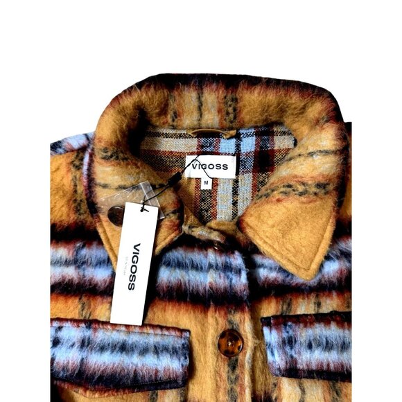 Vigoss M Brushed Plaid Crop Jacket Faux Fur Aztec Western Shacket Chest Pocket - Picture 7 of 16